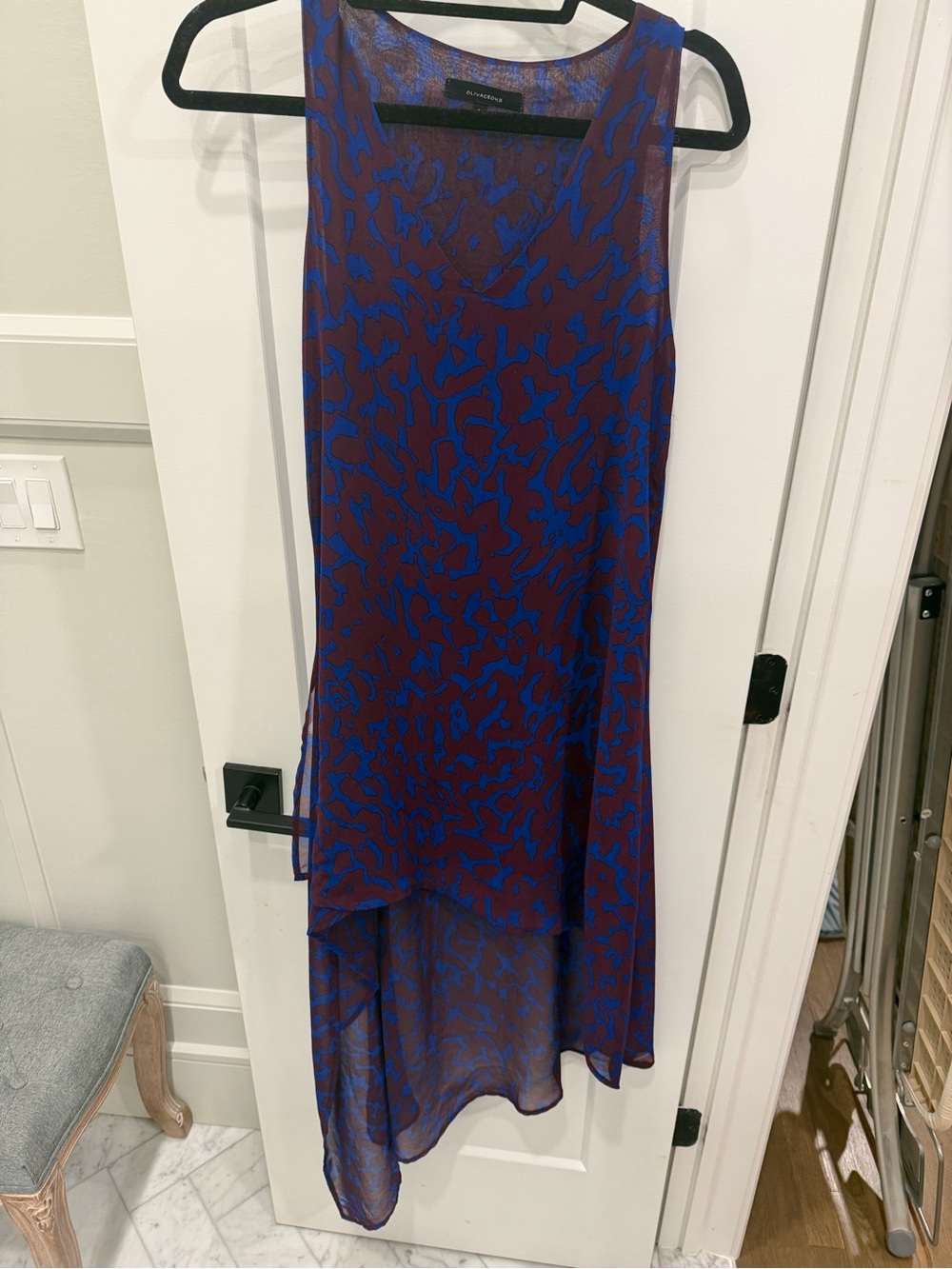 Olivaceous Blue and Burgundy Abstract-Print High-Low dress